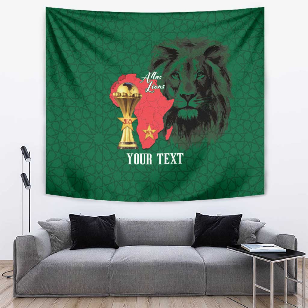 Morocco Football Custom Tapestry Atlas Lions Champions African Green Islamic Pattern