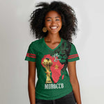 Morocco Football Custom Women V-Neck T-Shirt Atlas Lions Champions African Green Islamic Pattern