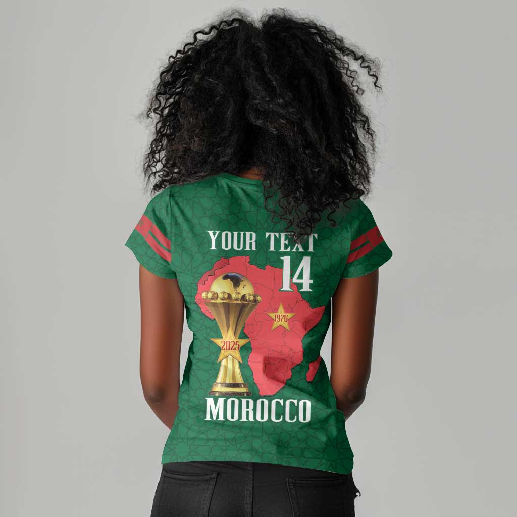 Morocco Football Custom Women V-Neck T-Shirt Atlas Lions Champions African Green Islamic Pattern