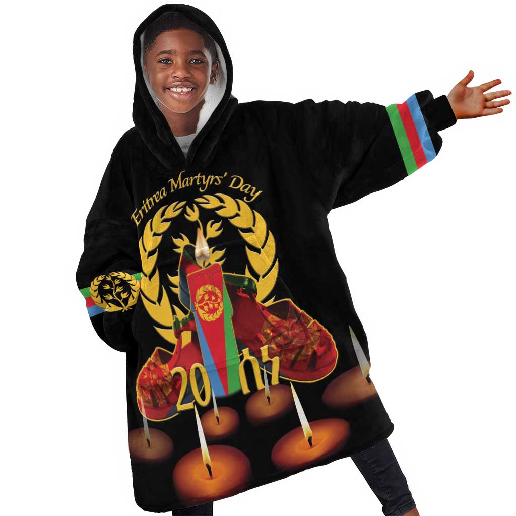 Custom Eritrea Martyrs' Day KId Wearable Blanket Hoodie 20 June Shida Shoes With Candles - Black