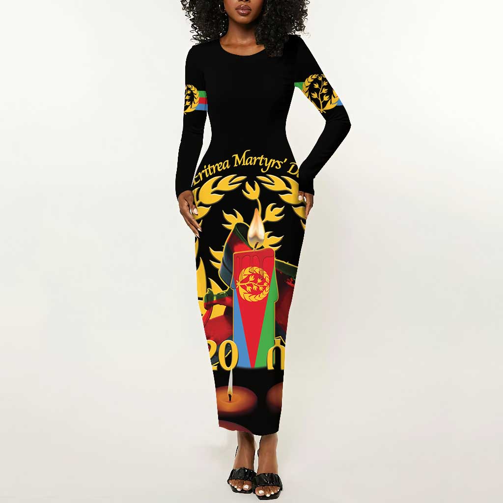 Custom Eritrea Martyrs' Day Long Sleeve Bodycon Dress 20 June Shida Shoes With Candles - Black