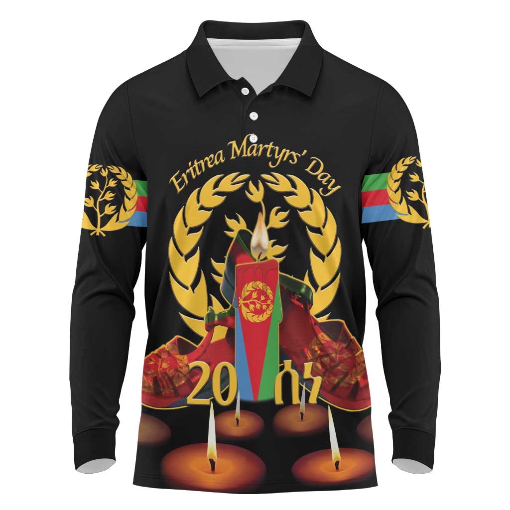 Custom Eritrea Martyrs' Day Long Sleeve Polo Shirt 20 June Shida Shoes With Candles - Black