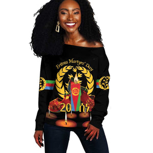 Custom Eritrea Martyrs' Day Off Shoulder Sweater 20 June Shida Shoes With Candles - Black