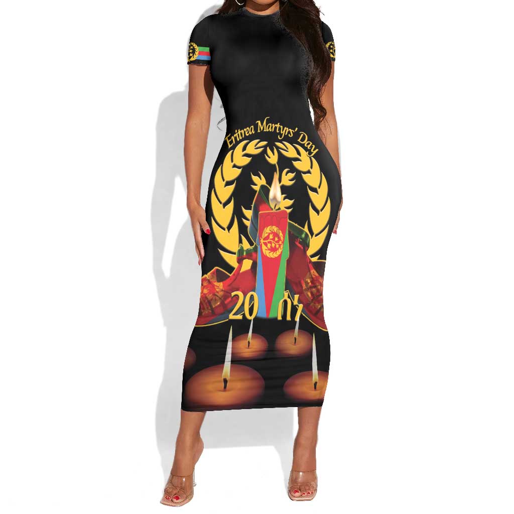 Custom Eritrea Martyrs' Day Short Sleeve Bodycon Dress 20 June Shida Shoes With Candles - Black