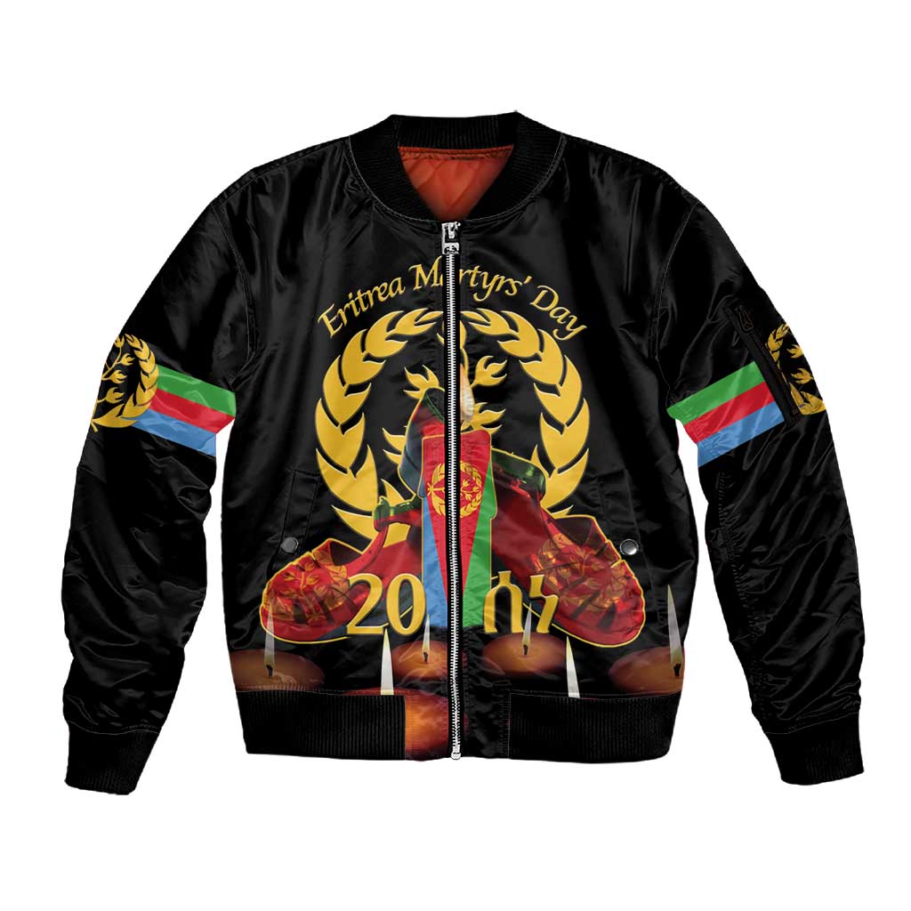 Custom Eritrea Martyrs' Day Sleeve Zip Bomber Jacket 20 June Shida Shoes With Candles - Black