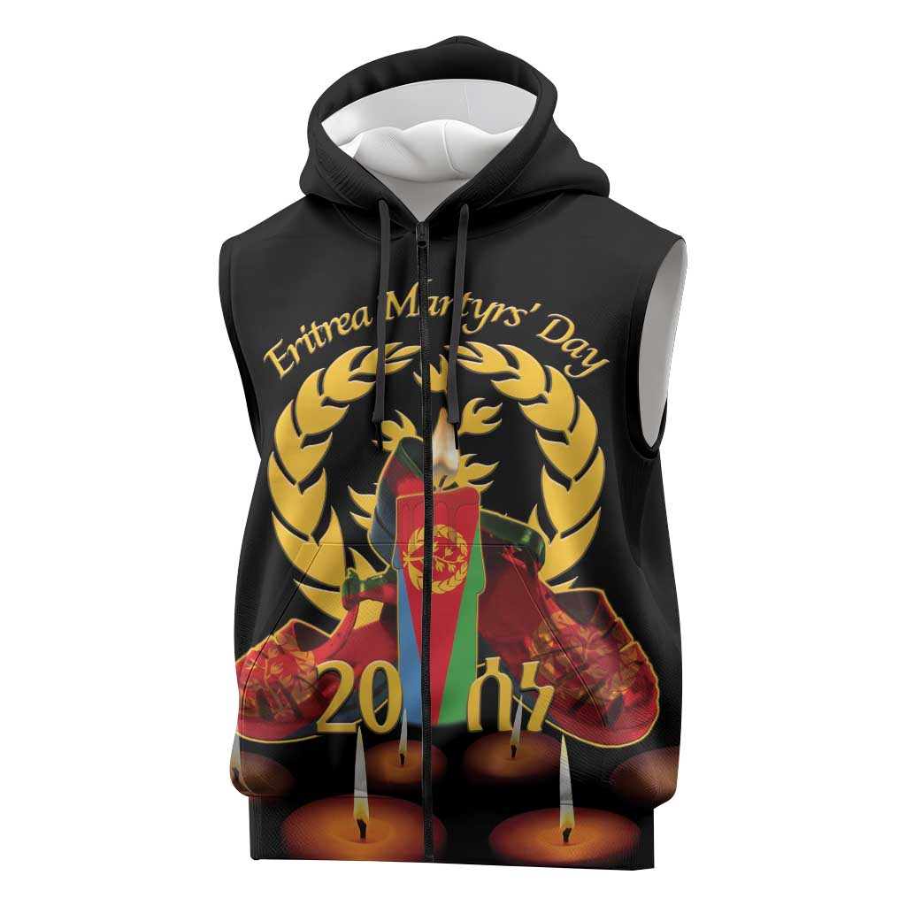 Custom Eritrea Martyrs' Day Sleeveless Zip Hoodie 20 June Shida Shoes With Candles - Black - African Pride