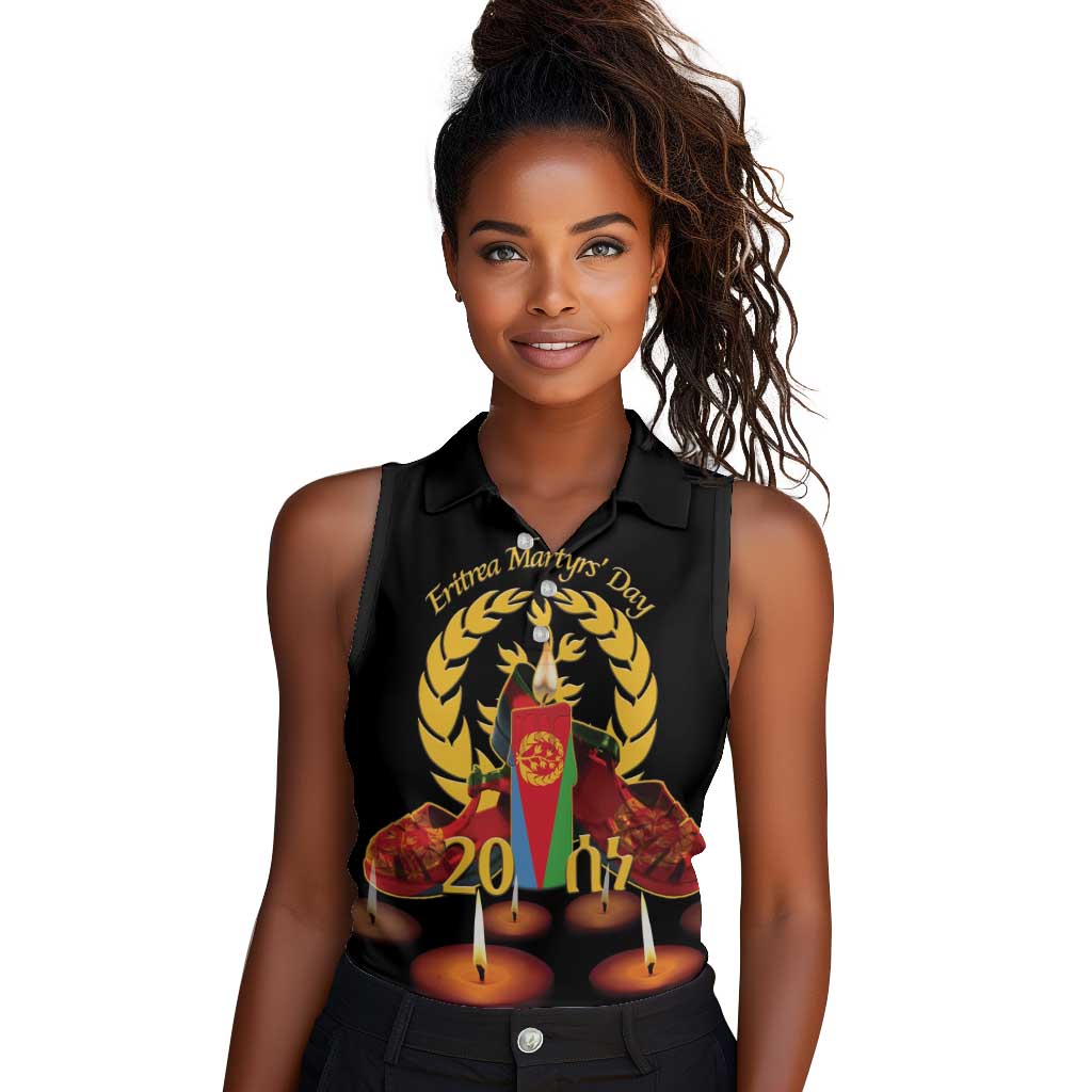 Custom Eritrea Martyrs' Day Women Sleeveless Polo Shirt 20 June Shida Shoes With Candles - Black