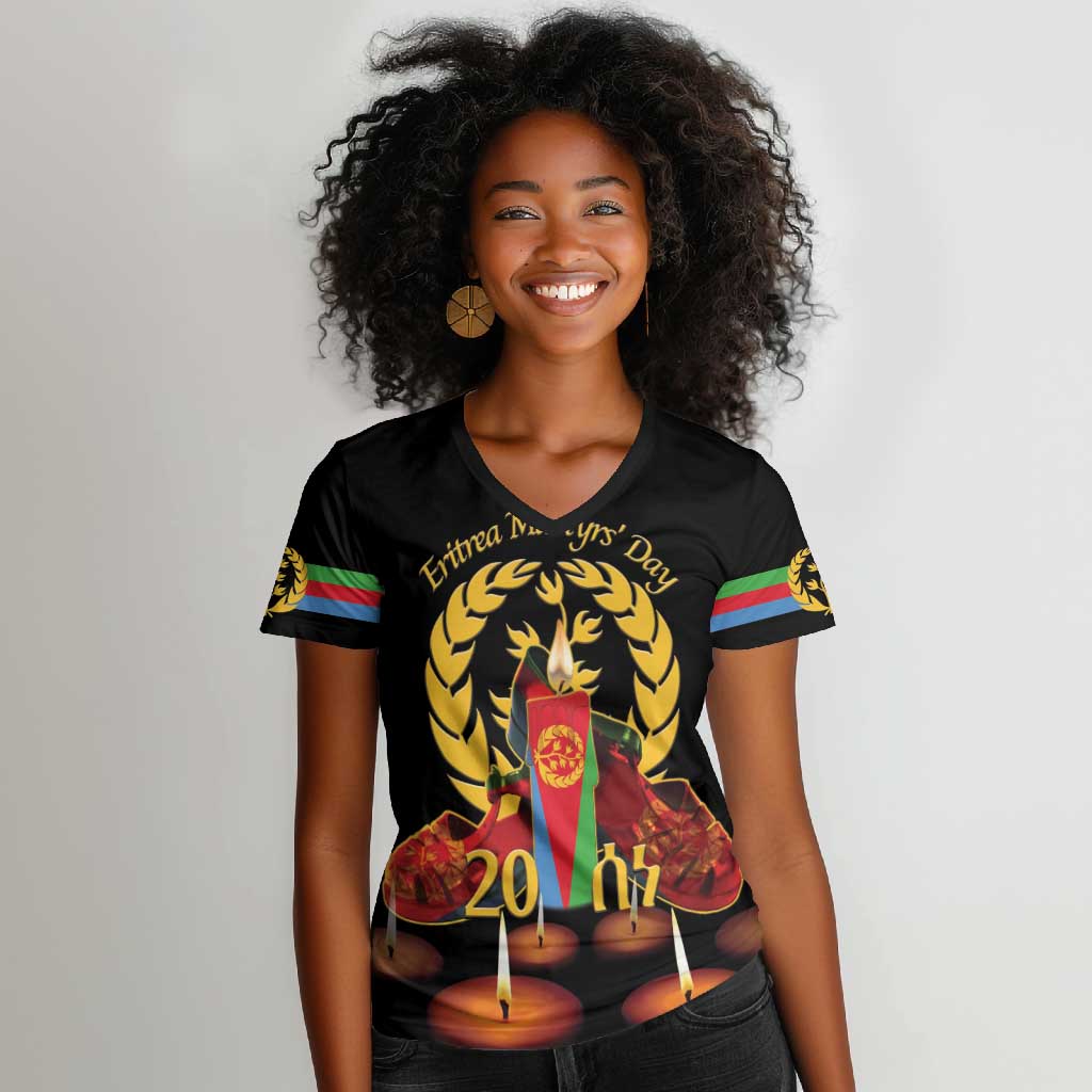 Custom Eritrea Martyrs' Day Women V-Neck T-Shirt 20 June Shida Shoes With Candles - Black