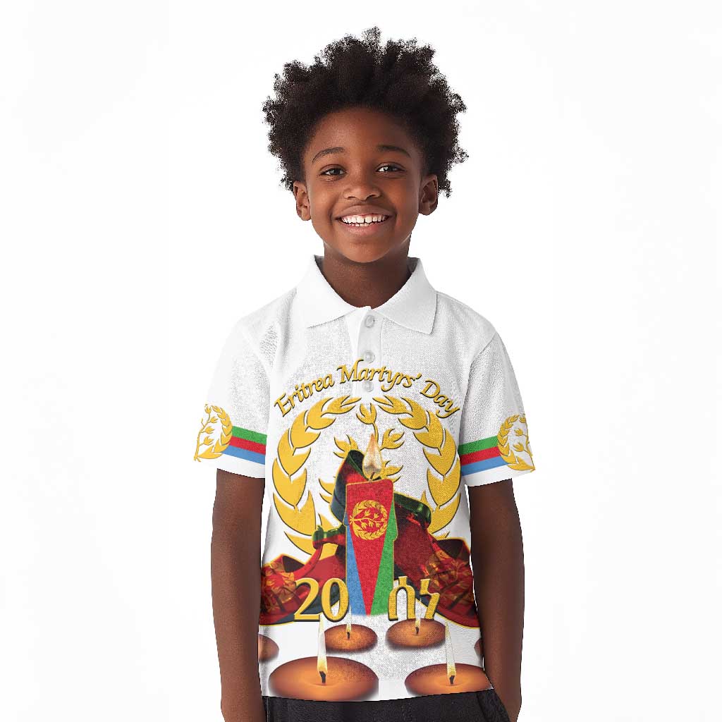 Custom Eritrea Martyrs' Day Kid Polo Shirt 20 June Shida Shoes With Candles - White