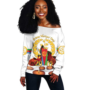 Custom Eritrea Martyrs' Day Off Shoulder Sweater 20 June Shida Shoes With Candles - White