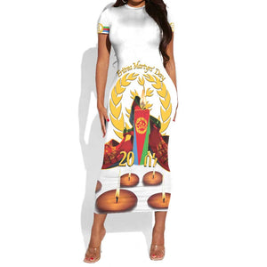 Custom Eritrea Martyrs' Day Short Sleeve Bodycon Dress 20 June Shida Shoes With Candles - White