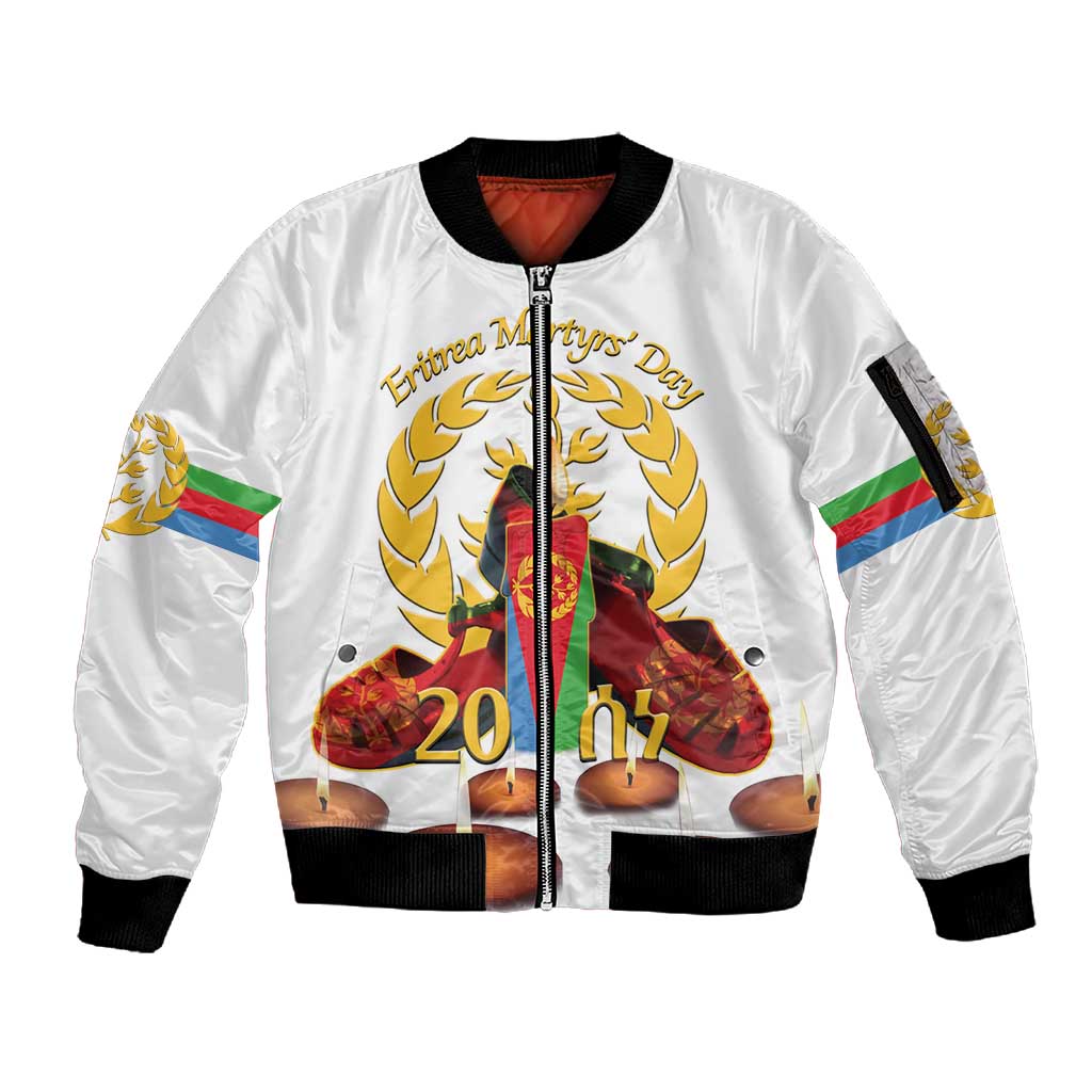 Custom Eritrea Martyrs' Day Sleeve Zip Bomber Jacket 20 June Shida Shoes With Candles - White