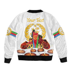 Custom Eritrea Martyrs' Day Sleeve Zip Bomber Jacket 20 June Shida Shoes With Candles - White