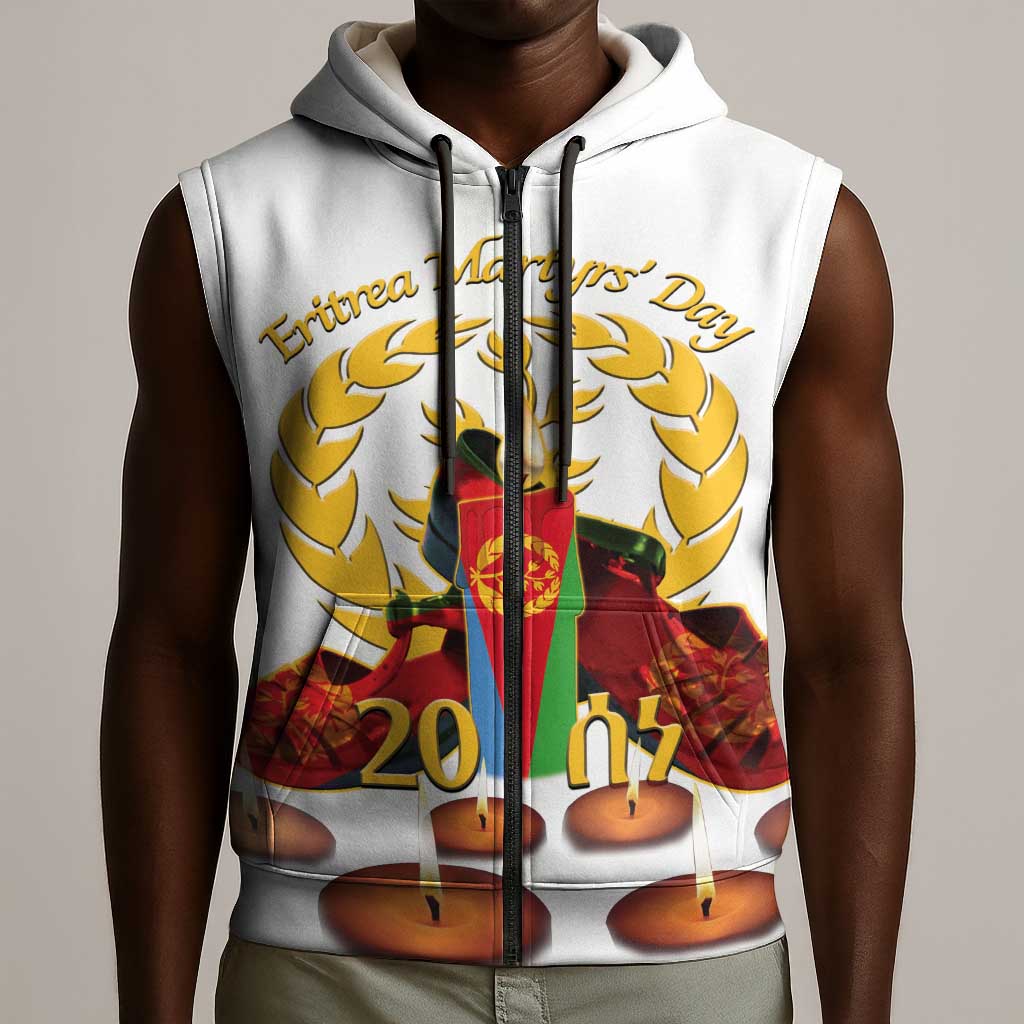 Custom Eritrea Martyrs' Day Sleeveless Zip Hoodie 20 June Shida Shoes With Candles - White - African Pride