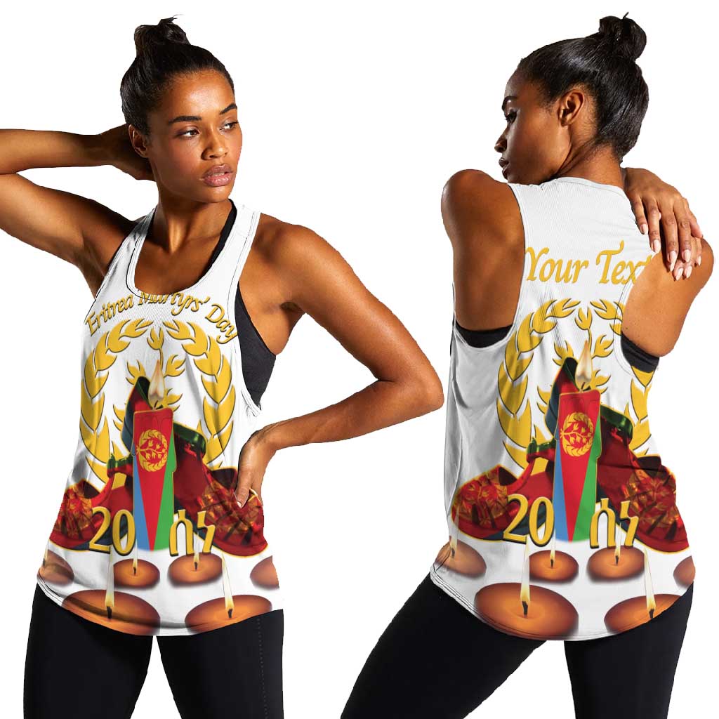 Custom Eritrea Martyrs' Day Women Racerback Tank 20 June Shida Shoes With Candles - White