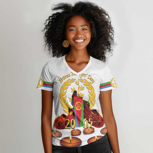 Custom Eritrea Martyrs' Day Women V-Neck T-Shirt 20 June Shida Shoes With Candles - White