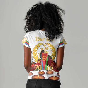 Custom Eritrea Martyrs' Day Women V-Neck T-Shirt 20 June Shida Shoes With Candles - White