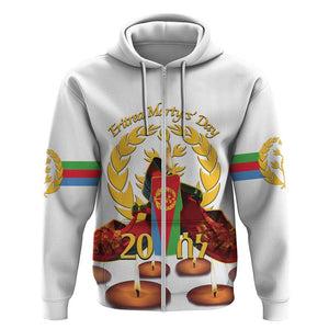 Custom Eritrea Martyrs' Day Zip Hoodie 20 June Shida Shoes With Candles - White