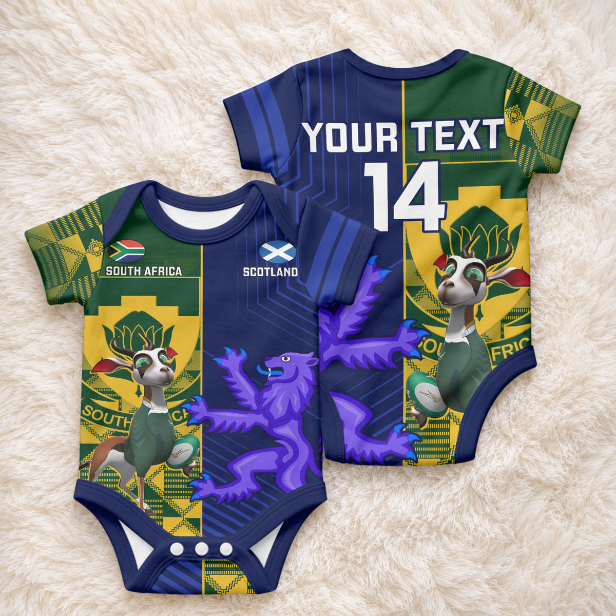 Custom South Africa And Scotland Rugby Baby Onesie Springboks Thistle Together