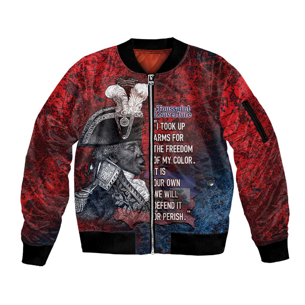 Personalized Toussaint Louverture Afro Haiti Sleeve Zip Bomber Jacket Haitian Father Grunge Style - African Pride