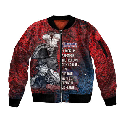 Personalized Toussaint Louverture Afro Haiti Sleeve Zip Bomber Jacket Haitian Father Grunge Style - African Pride