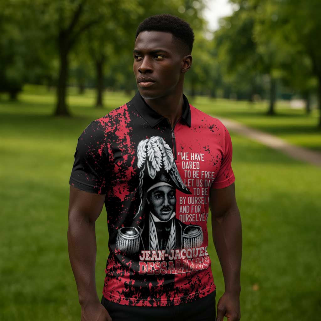 Personalized Jean-Jacques Dessalines Afro Haiti Zipper Polo Shirt Emperor Of First Empire Grunge Style - African Pride