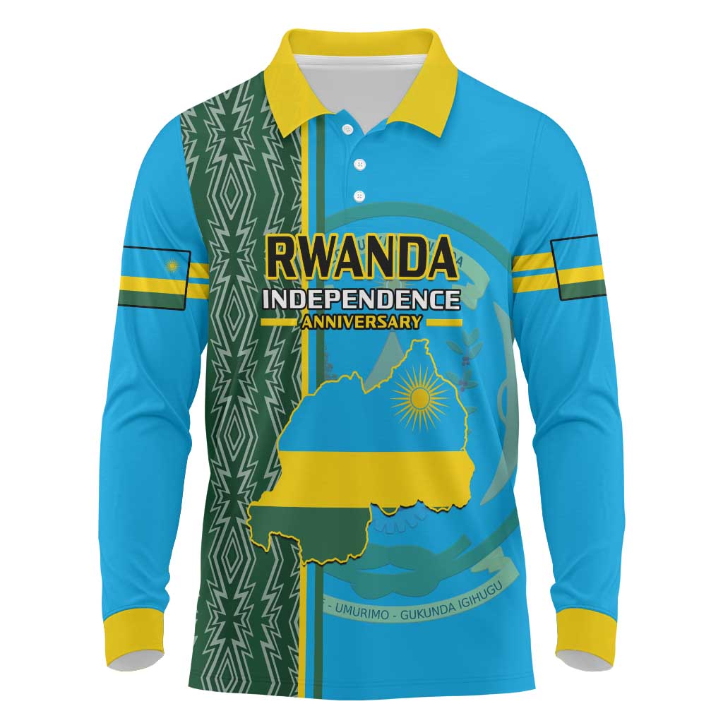 Personalised 1 July Independence Day Rwanda Long Sleeve Polo Shirt African Imigongo Happy 61st Anniversary