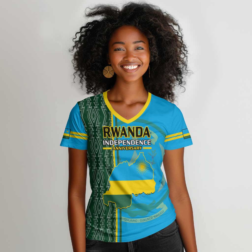 Personalised 1 July Independence Day Rwanda Women V-Neck T-Shirt African Imigongo Happy 61st Anniversary