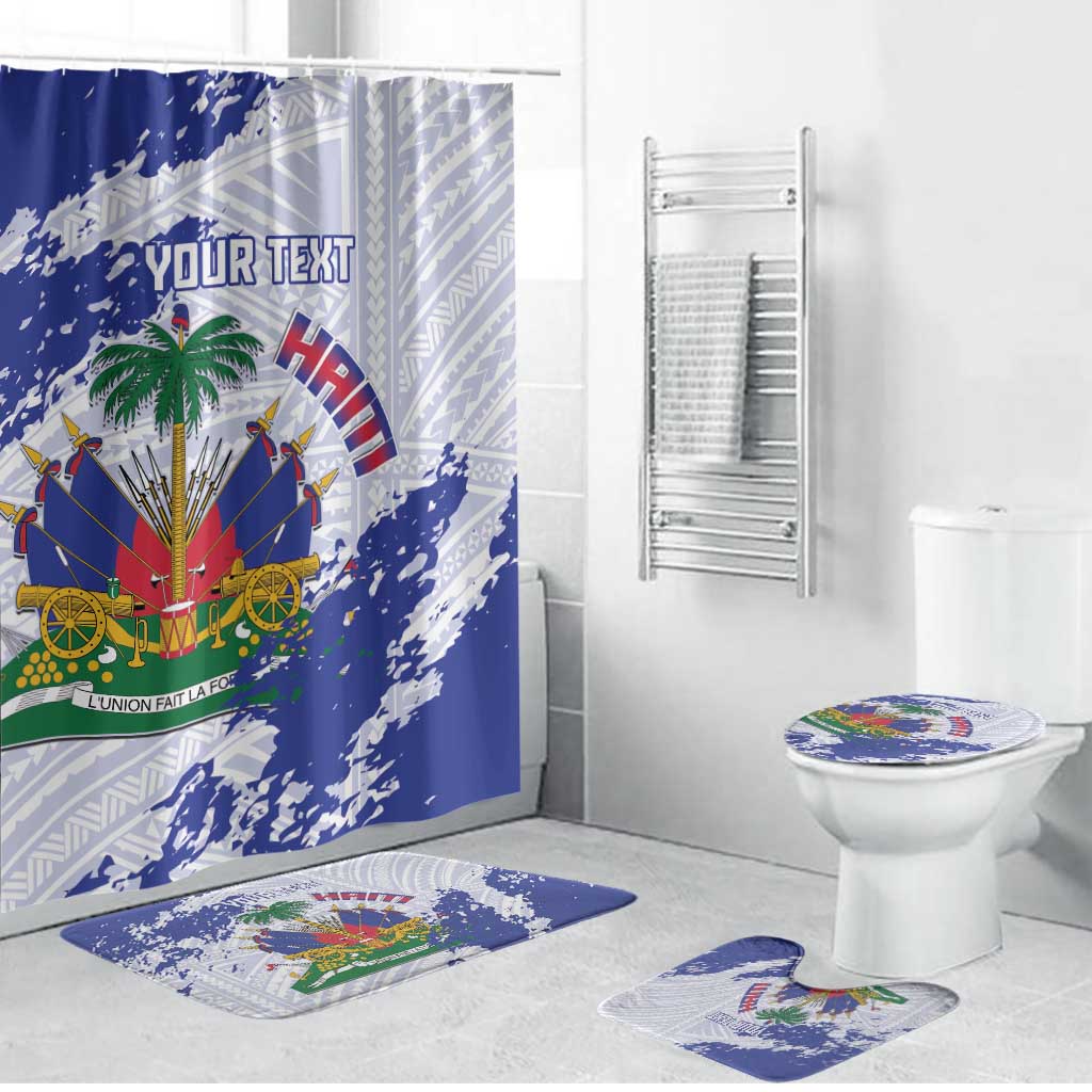 Custom Haiti Football Bathroom Set Les Grenadiers Blue Grunge Polynesian Tattoo