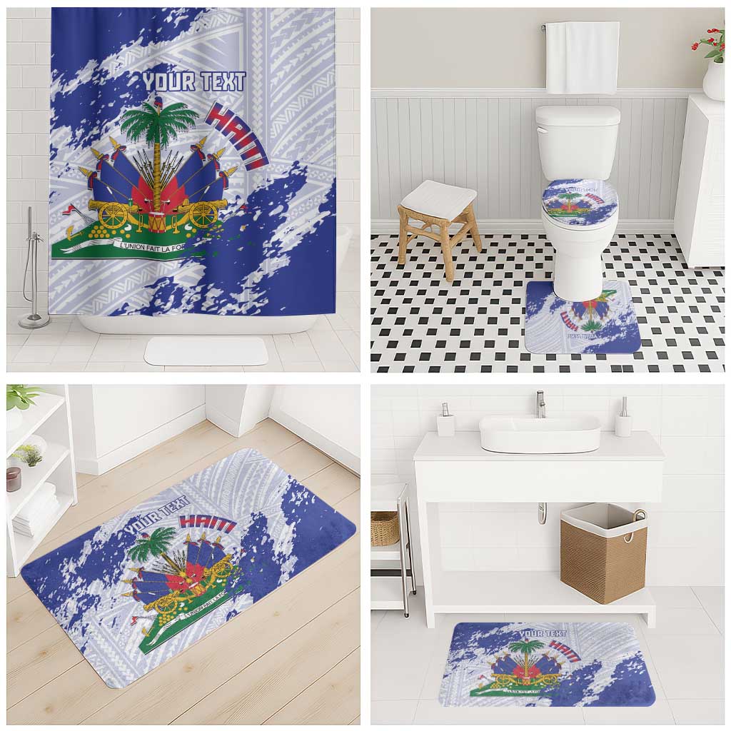 Custom Haiti Football Bathroom Set Les Grenadiers Blue Grunge Polynesian Tattoo