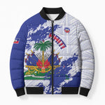 Custom Haiti Football Bomber Puffer Jacket Les Grenadiers Blue Grunge Polynesian Tattoo