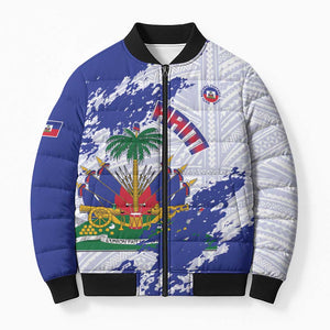 Custom Haiti Football Bomber Puffer Jacket Les Grenadiers Blue Grunge Polynesian Tattoo