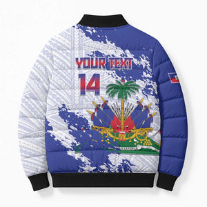 Custom Haiti Football Bomber Puffer Jacket Les Grenadiers Blue Grunge Polynesian Tattoo