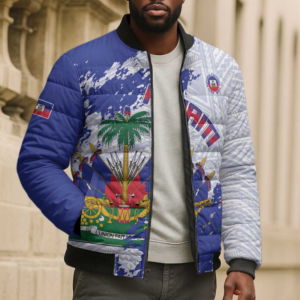Custom Haiti Football Bomber Puffer Jacket Les Grenadiers Blue Grunge Polynesian Tattoo