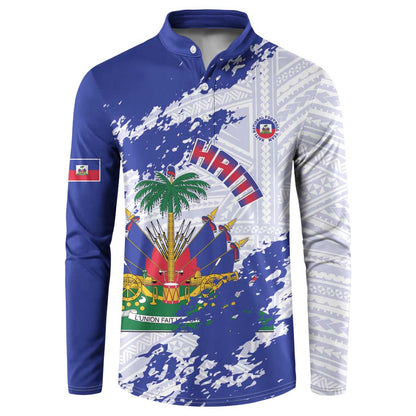 Custom Haiti Football Button Sweatshirt Les Grenadiers Blue Grunge Polynesian Tattoo