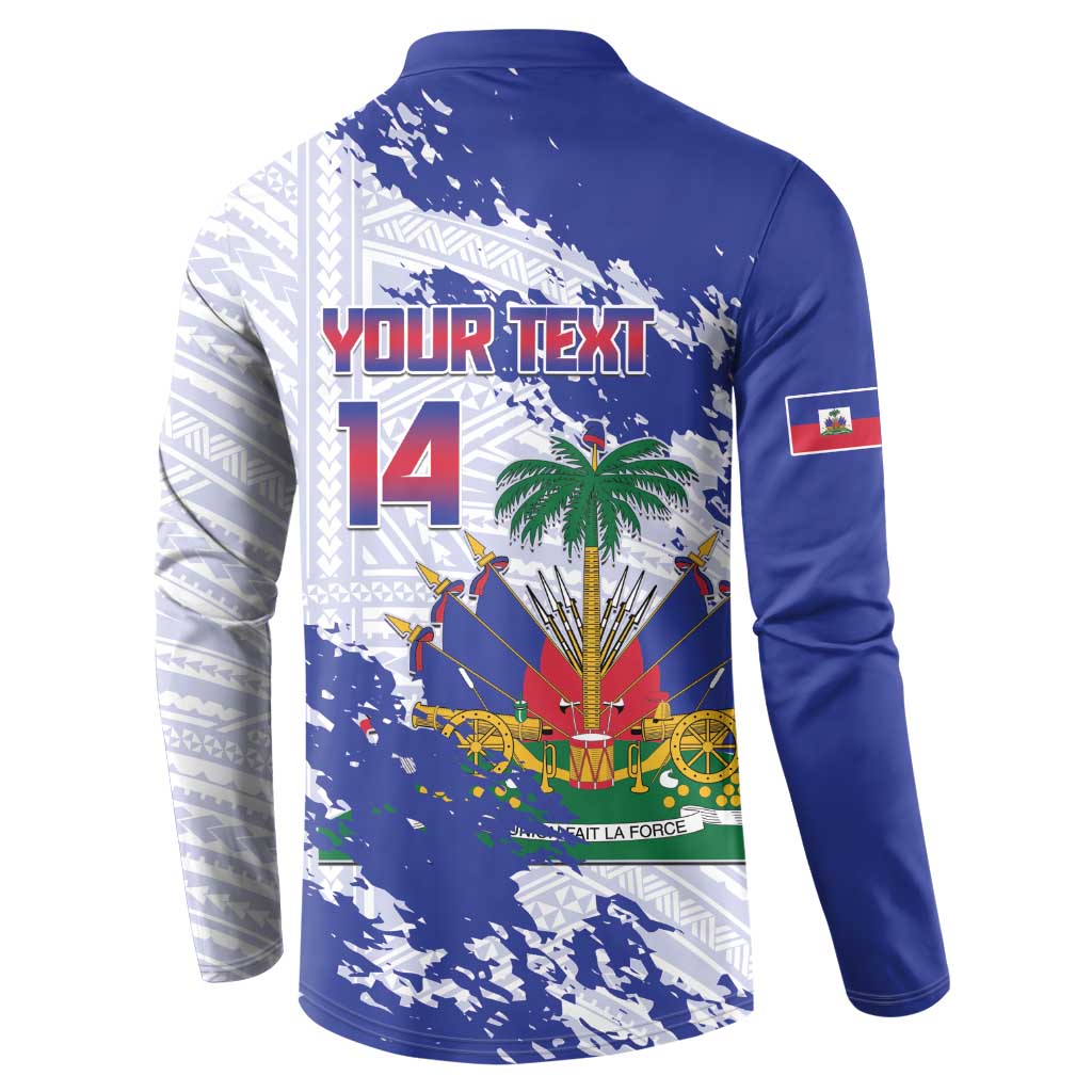 Custom Haiti Football Button Sweatshirt Les Grenadiers Blue Grunge Polynesian Tattoo