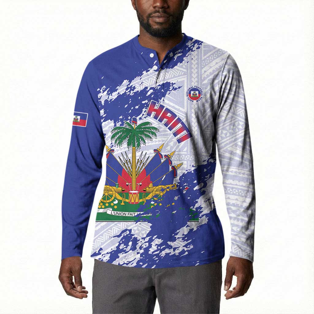 Custom Haiti Football Button Sweatshirt Les Grenadiers Blue Grunge Polynesian Tattoo