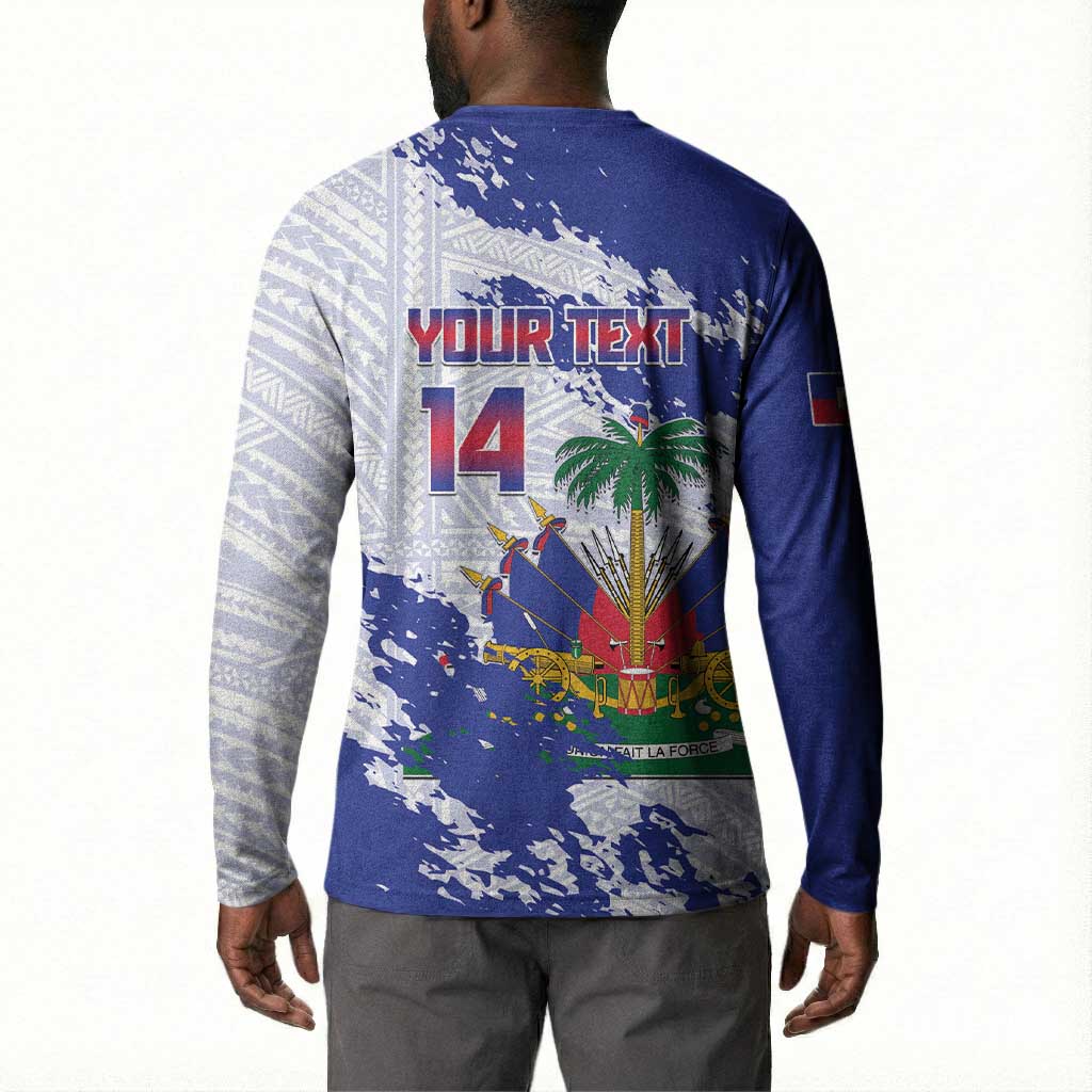 Custom Haiti Football Button Sweatshirt Les Grenadiers Blue Grunge Polynesian Tattoo