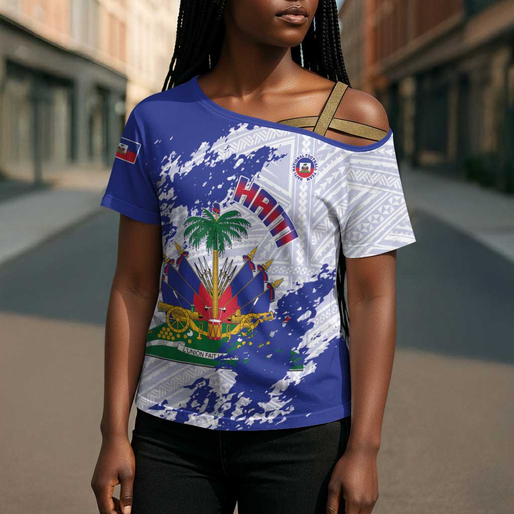 Custom Haiti Football Cross Shoulder Shirt Les Grenadiers Blue Grunge Polynesian Tattoo