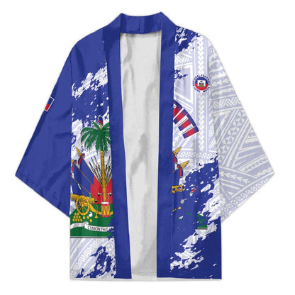 Custom Haiti Football Kimono Les Grenadiers Blue Grunge Polynesian Tattoo