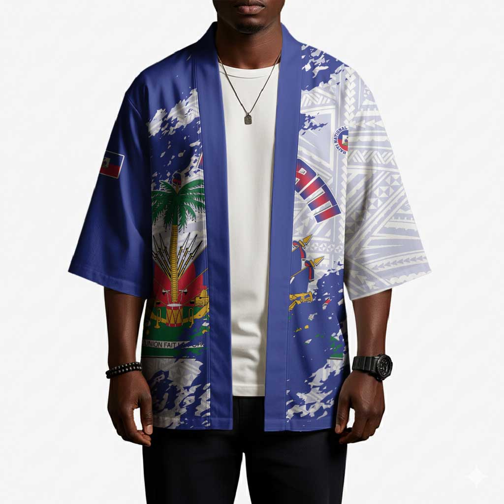Custom Haiti Football Kimono Les Grenadiers Blue Grunge Polynesian Tattoo