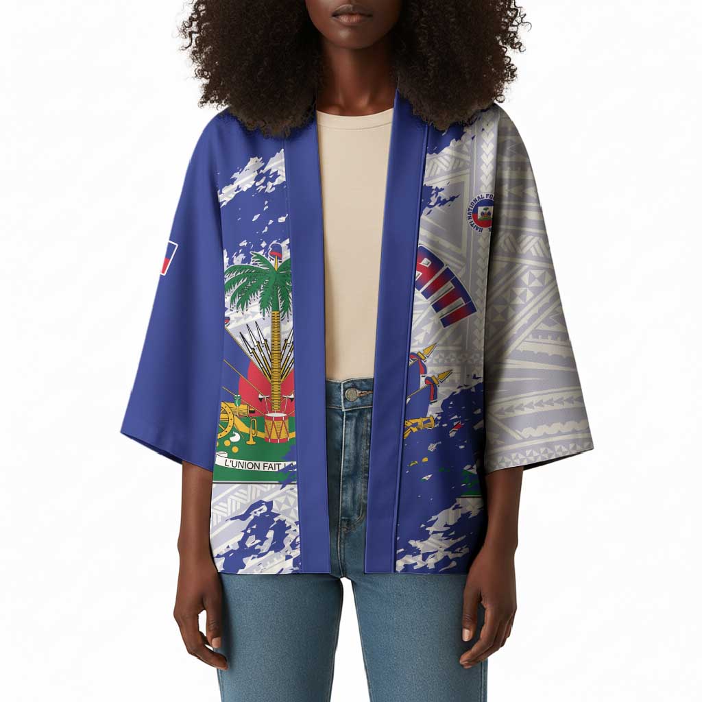 Custom Haiti Football Kimono Les Grenadiers Blue Grunge Polynesian Tattoo