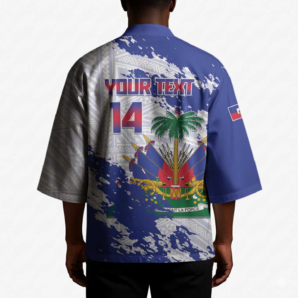 Custom Haiti Football Kimono Les Grenadiers Blue Grunge Polynesian Tattoo