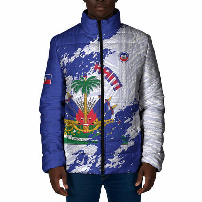 Custom Haiti Football Padded Jacket Les Grenadiers Blue Grunge Polynesian Tattoo