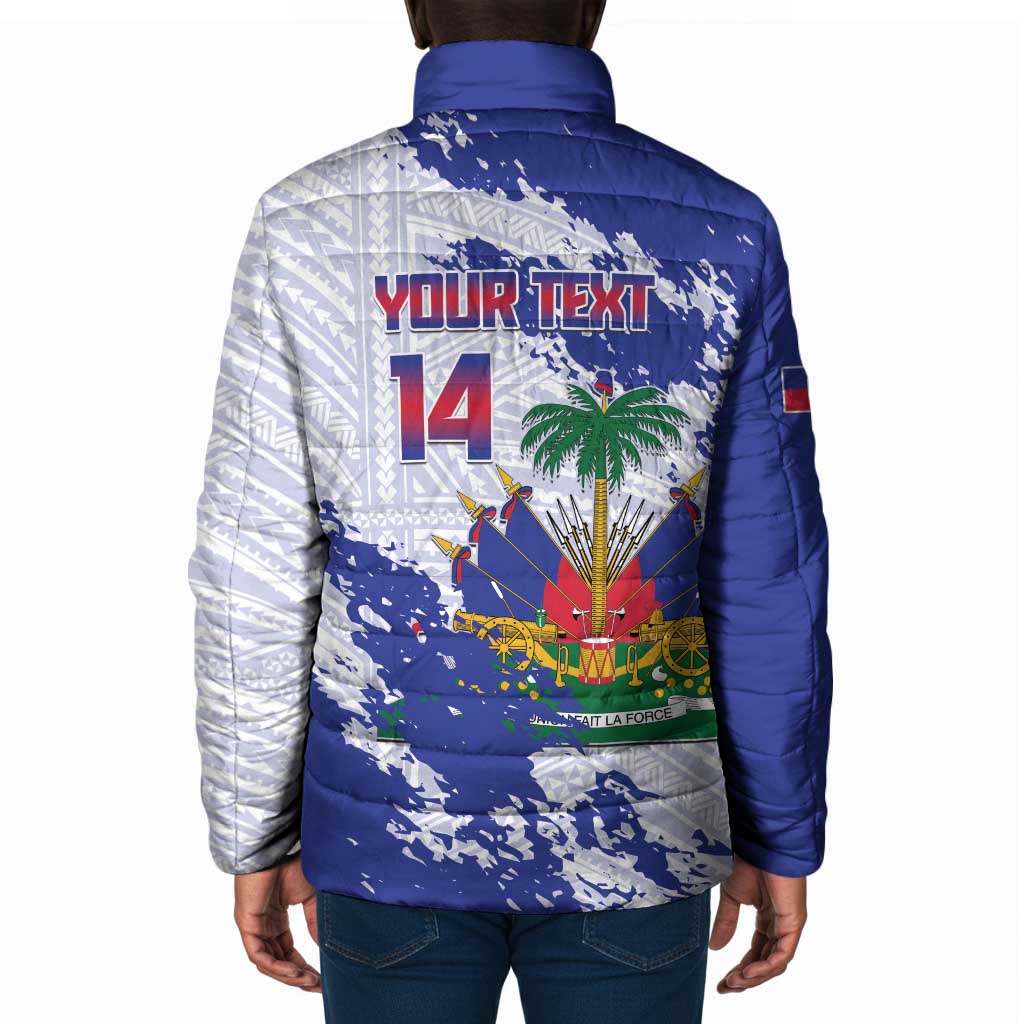 Custom Haiti Football Padded Jacket Les Grenadiers Blue Grunge Polynesian Tattoo