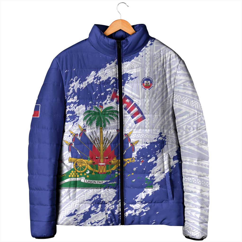 Custom Haiti Football Padded Jacket Les Grenadiers Blue Grunge Polynesian Tattoo