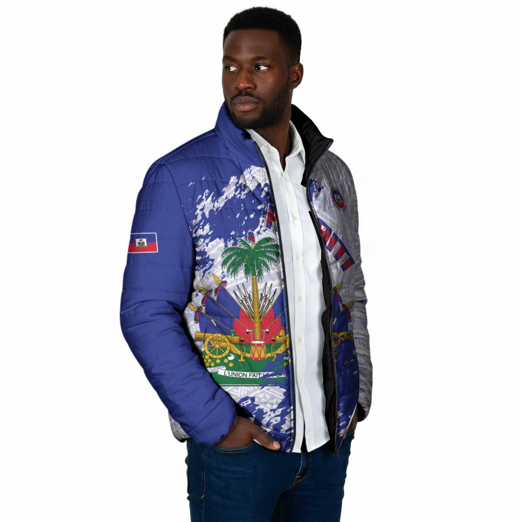 Custom Haiti Football Padded Jacket Les Grenadiers Blue Grunge Polynesian Tattoo