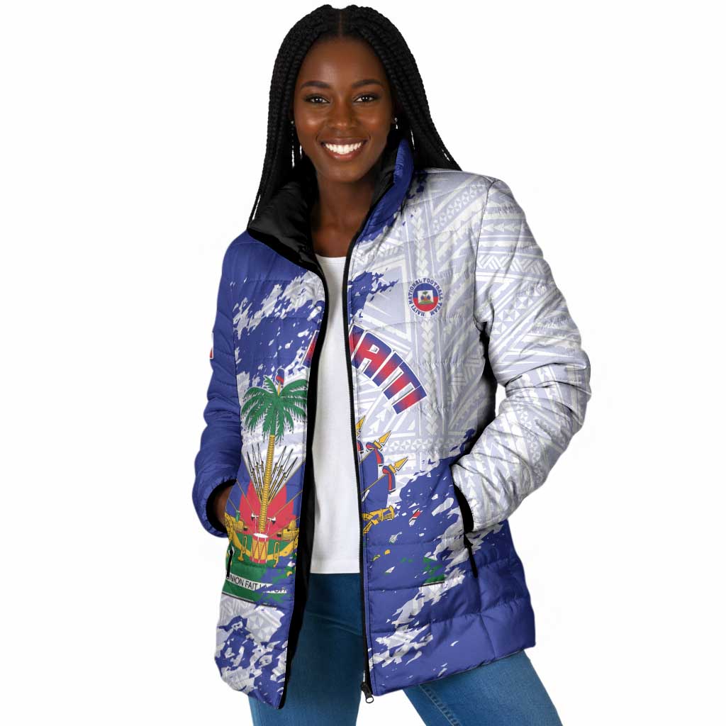Custom Haiti Football Padded Jacket Les Grenadiers Blue Grunge Polynesian Tattoo