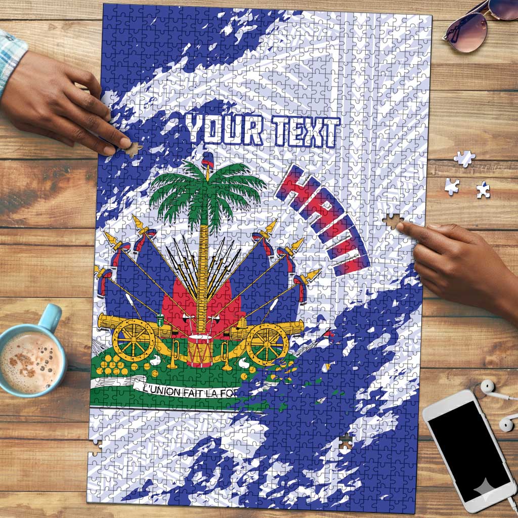Custom Haiti Football Puzzle Les Grenadiers Blue Grunge Polynesian Tattoo