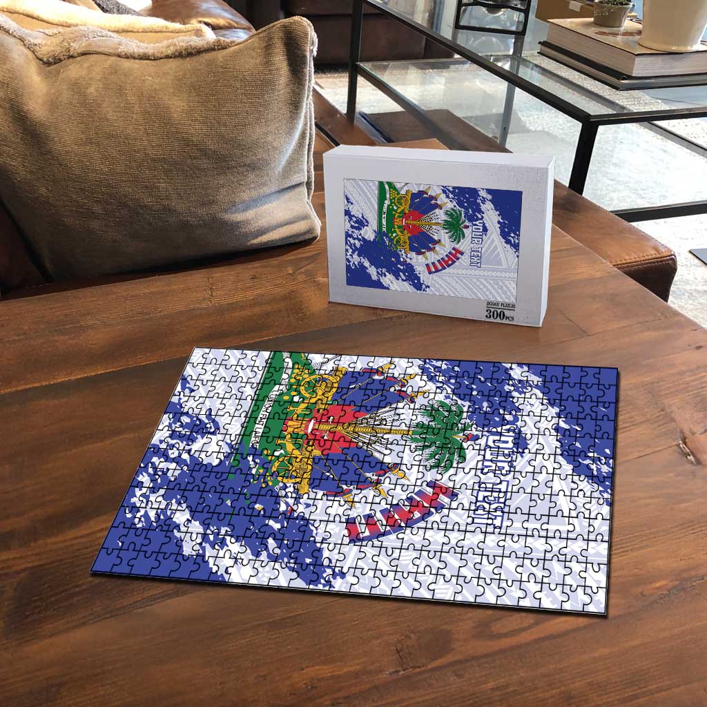 Custom Haiti Football Puzzle Les Grenadiers Blue Grunge Polynesian Tattoo